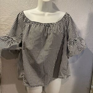 Ambiance Black & White Striped Off-Shoulder Ruffle Sleeve Blouse